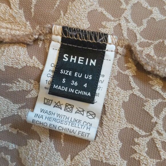 SHEIN strapless tie back halter crop top, taupe tan floral, white fringe S - Picture 7 of 8